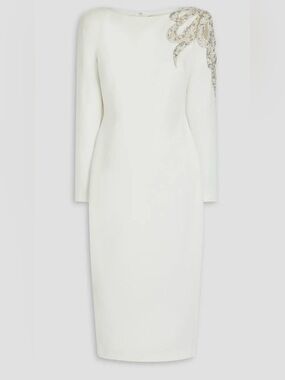 Badgley Mischka Ivory Long-Sleeve Midi Dress with Shoulder Embellishment